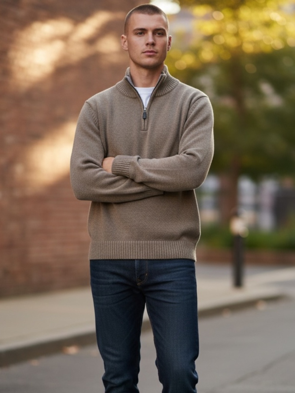 L.L. Bean Preppy Quarter-Zip Cotton Sweater Taupe (M)